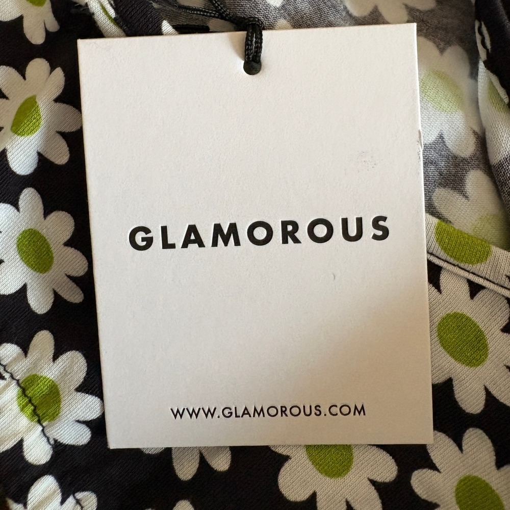 Glamorous 60's Y2K Flower Jersey Crop Top Black White Green Daisy Size 6 NWT - Picture 4 of 5